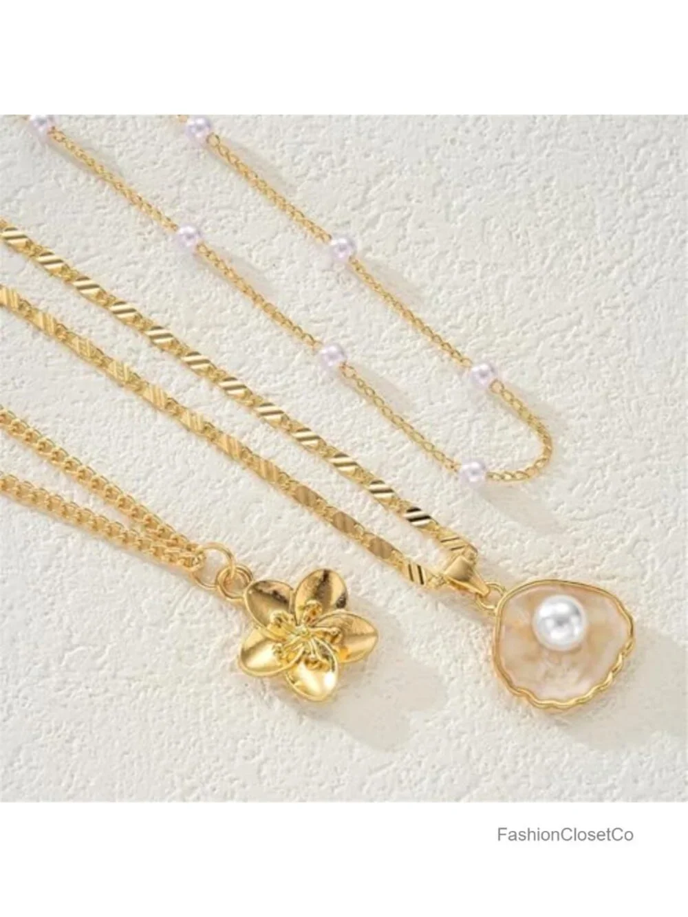 Gold Plated Shell Flower Charm Necklace Layered Boho Seashell Starfish Pearl